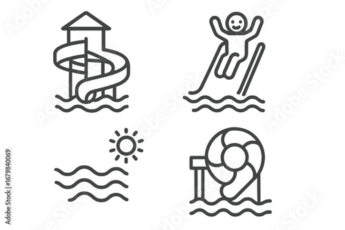Water park slides vector icon set. Editable stroke thin line water slide, aquatic playground, swimming pool, lifebuoy, sun, wave symbols. Cartoon outline illustration. Leisure amusement park concept