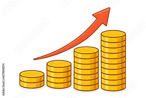 Financial growth concept with stacks of gold coins and an upward arrow. Vector illustration of profit, investment, and economic success. Business chart showing revenue increase.