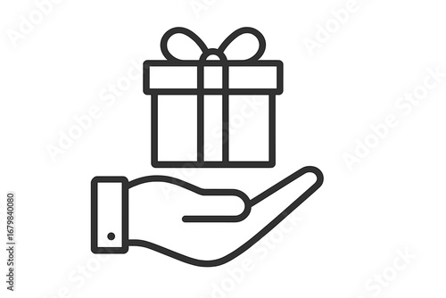 Giving a gift icon. Hand holding a present. Concept for bonus, loyalty program, reward, charity, special offer. Receive a surprise. Vector line illustration for web.