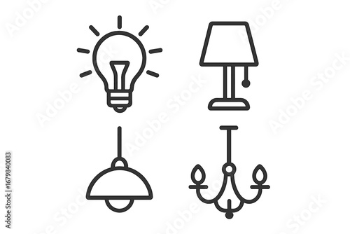 Modern illumination device outline icons collection. Light bulb, table lamp, pendant lamp, chandelier. Vector set for graphic design, web, advertising, branding, interior decor, cards, apps