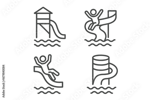 Water park slides thin line icons set. Editable stroke vector symbols of aquatic playgrounds, kid on waterslide, waterpark attractions, swimming pool amusement, outline pictograms collection.