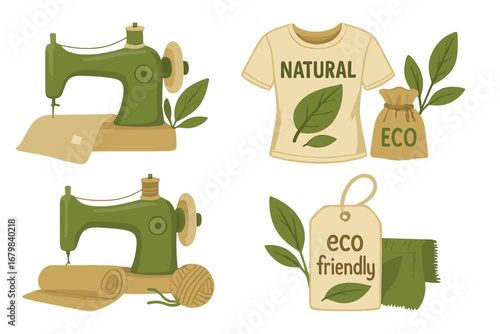 Eco friendly clothing set with sewing machine, natural fabric, and sustainable materials. Slow fashion concept. Vector illustration for ethical production and conscious consumption.
