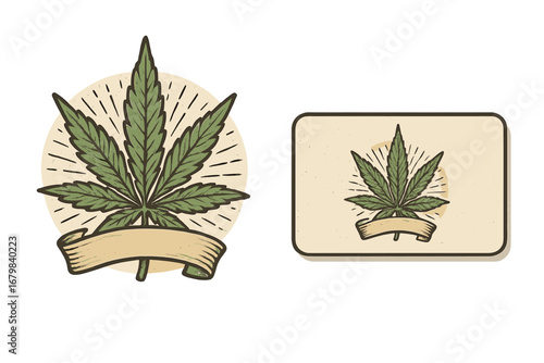 Vintage cannabis logo and business card template. Retro marijuana leaf illustration for branding identity. Medical hemp, CBD symbol. Vector graphic set with banner for text.