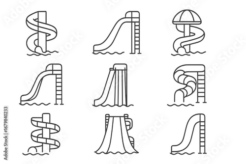 Water park slides vector icon set. Outline twist, spiral, tube, curved, and straight water slide designs. Editable stroke thin line aquatic amusement park symbols for web, apps, cards, print.