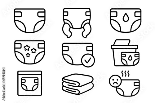Diaper and nappy line icon set for baby care. Newborn and toddler hygiene concept. Includes wet, stinky, and clean diapers, disposal pail. Editable stroke vector illustration.