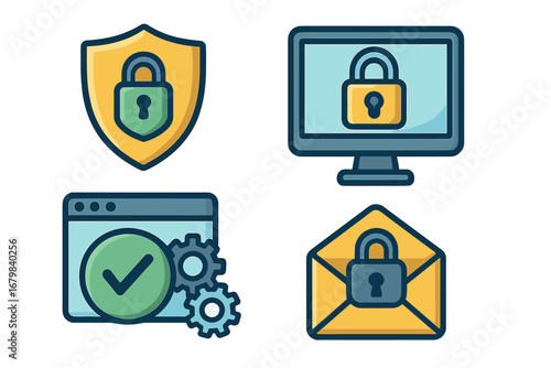 Cybersecurity icon set. Online protection, data privacy concepts. Vector shield, secure computer, private email, browser settings. Digital security and safety measures cartoon.