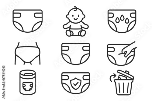 Diaper and nappy line icon set. Baby care, newborn hygiene, toddler, wetness absorption, protection shield, changing, disposal bin symbols. Editable stroke vector illustration.