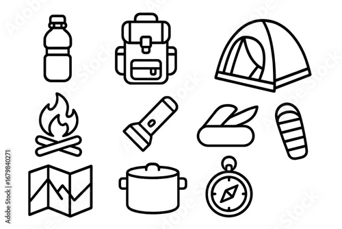 Camping equipment line icon set. Outdoor adventure and hiking gear symbols. Vector outline illustration of a tent, backpack, campfire, map, compass, and survival tools.