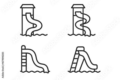 Water park slide icons set. Simple isolated line style illustrations. Twisted and straight pool slides with ladder and tower. Editable stroke outline vector. Aquatic playground design elements.