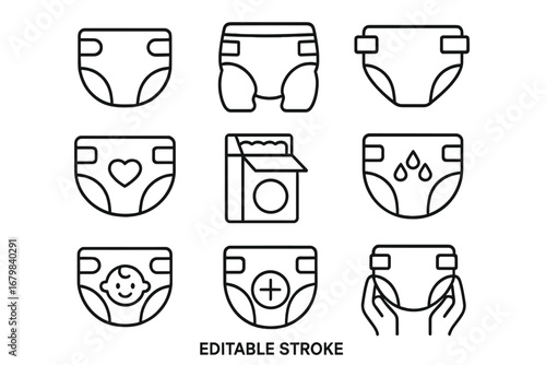 Baby diaper line icons collection. Newborn hygiene and care symbols. Nappy, absorbency, wetness indicator, and changing pictograms. Editable stroke vector illustration for web.