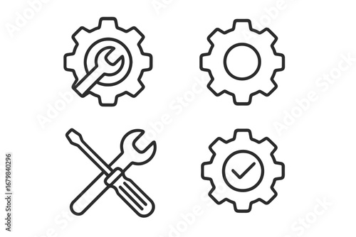 Thin line icons set for settings, maintenance, repair, gear, cog, wrench, screwdriver, check mark. Editable stroke vector illustration for web, app UI, user interface, tools, technology, engineering.