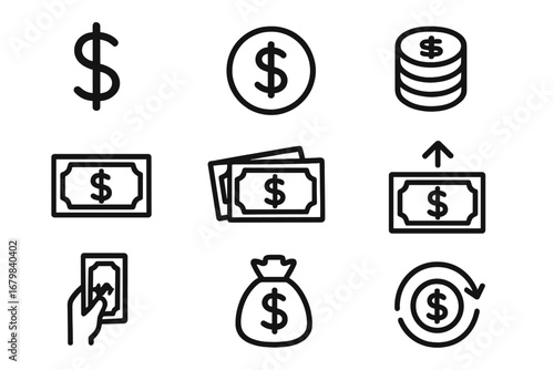 Dollar and money line icon set. Finance, currency and banking signs. Cash payment, income, investment and profit symbols. Editable stroke vector illustration for web and app.
