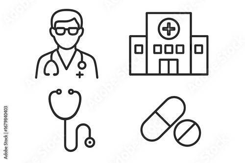 Medical and healthcare icon set. Thin line art symbols for web and mobile UI. Doctor, physician, hospital, clinic, stethoscope, pills, drugs, and pharmacy concept vector icons.