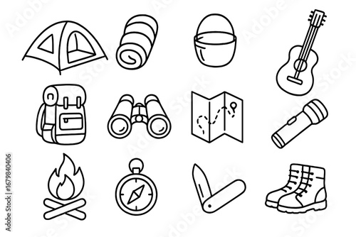Camping essentials icon set. Outdoor gear & hiking accessories in line style. Vector cartoon illustration of tent, backpack, compass, map, campfire, boots & other elements.