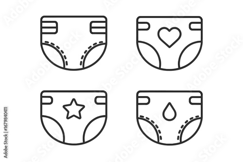 Diaper line icon set. Baby care nappy symbol. Toddler hygiene product. Newborn disposable diapers. Infant absorbent pads. Wetness indicator. Editable stroke vector illustration.