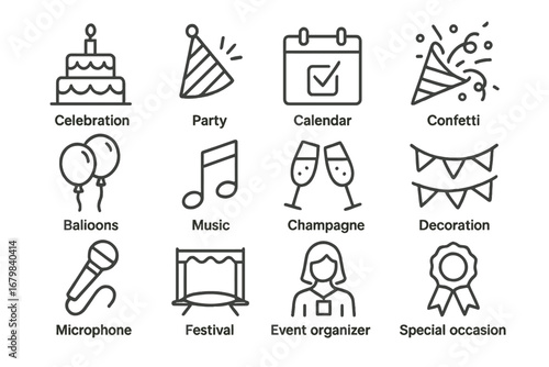 Celebration themed icons showcasing party elements for a festive occasion and event planning