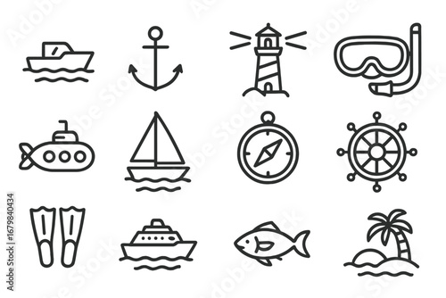 Exploring maritime adventures with boats, lighthouses, and sea creatures at a coastal setting