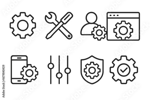 Thin Line Technology Icons Set for Settings, Configuration, Customization, Security, Mobile, Web, Tools, User Preferences, Maintenance, Editable Stroke, Transparent Background, Vector Illustration