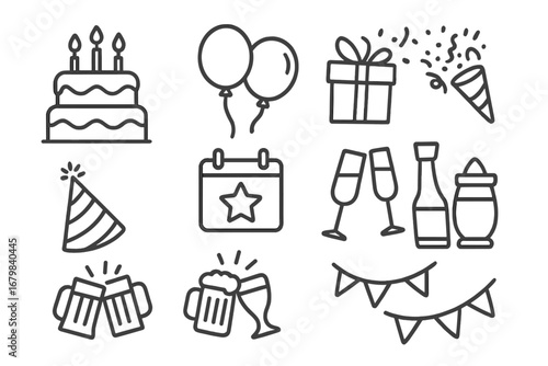 Celebration elements with balloons, cake, and drinks for a joyful gathering or party celebration occasion