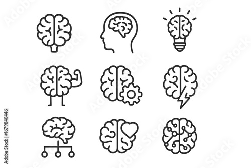 Brain icon set. Metaphors for mind power, intelligence, ideas, creativity, logic, emotional intelligence, brainstorming, and AI. Editable stroke line icons for web.