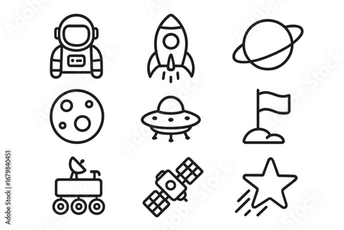 Space exploration line icon set. Vector collection of astronomy, cosmos symbols. Astronaut, rocket launch, planet, ufo, satellite, moon rover, star. Science linear icons.