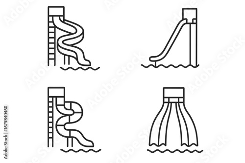 Water park slides icon set. Linear outline collection of spiral, straight, tunnel and multi-lane water slides. Editable stroke vector illustration for summer, aquapark, pool, leisure design concept.