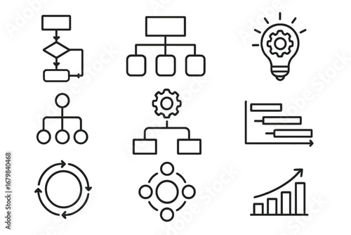 Business process and project management line icon set. Workflow, flowchart, organization chart, and Gantt chart symbols. Strategy, innovation, data analysis, and growth vector icons.