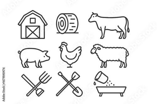Farm animals and tools represented in simple line drawings showcasing rural life and agriculture activities