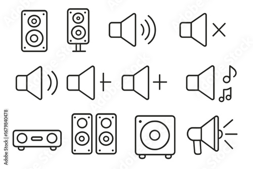 Audio speaker line icon set. Sound volume, mute, subwoofer, amplifier and megaphone outline symbols. Music equipment vector signs for web, app, ui, ux design elements.