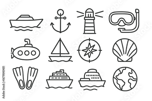 Nautical symbols and ocean-related icons featuring boats, a lighthouse, and diving gear for maritime themes