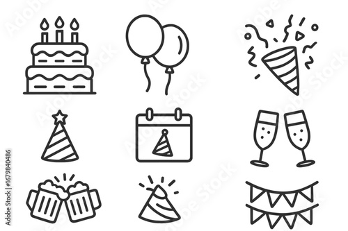 Celebration symbols including cake, balloons, confetti, and drinks for birthday parties or festive events