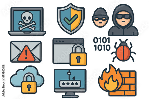 Cybersecurity icon set. Hacker, virus, malware, phishing, firewall, and data protection concepts. Digital internet security, network threat, spam, bug and cloud safety icons.