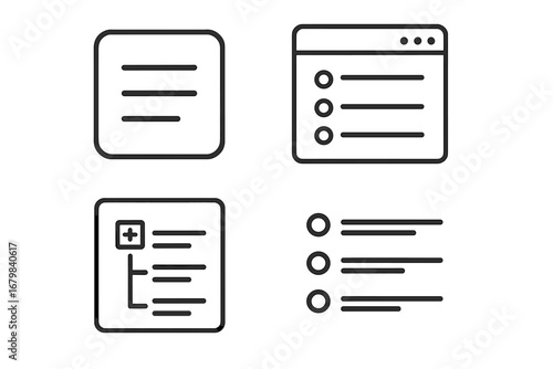 UI UX line icon set for web and app design. Menu, list, checklist, and navigation symbols. Editable stroke vector illustration for interface, form, options, and sitemap.