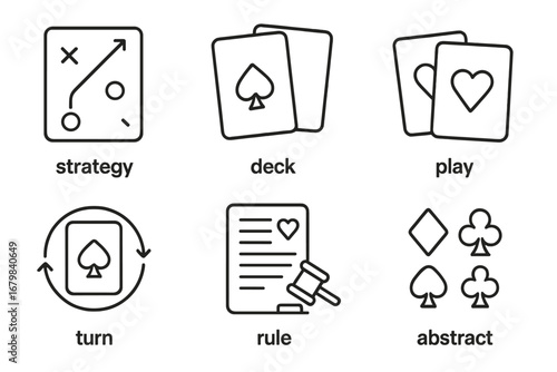 Card game linear icon set. Strategy, deck, play, turn, rule vector icons. Poker, gambling and tabletop gaming symbols. Abstract outline pictograms for UI, web design.