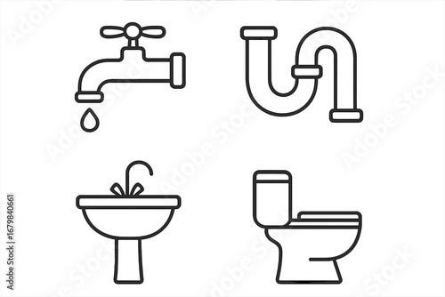 Plumbing service icon set. Faucet, pipes, toilet, and sink. Simple linear pictograms for bathroom and sanitary concepts. Vector outline icons for web and graphic design.