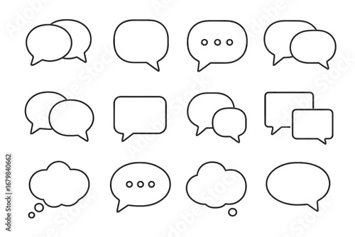 Speech bubbles icons vector set. Outline chat, dialogue, talk, comment, discussion, message, communication bubble line icons bundle. Editable stroke cartoon illustration for web, apps, books, design