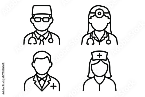 Doctor avatar thin line icon set. Medical staff collection. Male and female doctor, nurse, surgeon characters. Healthcare professional symbol. Editable stroke vector illustration.