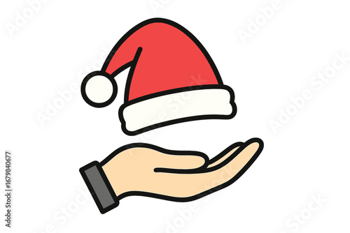 Festive Santa Hat Above Outstretched Hand Holiday Christmas Gesture Generous Giving Winter Season Symbol Linear Vector Cartoon Illustration for Web Design, Apps, Advertising, Greeting Cards