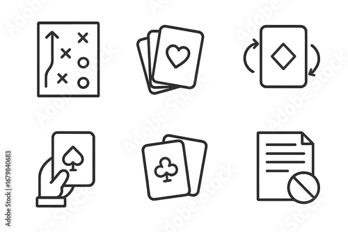 Card game linear icon set. Vector outline symbols for strategy, deck of cards, player turn, and game rules. Collection of abstract pictograms for poker, board games, gambling.