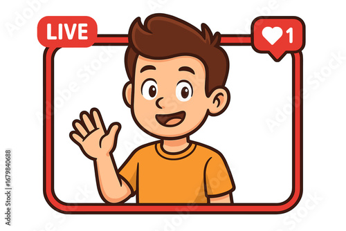 Social media live streaming video frame with user avatar. Cartoon boy vlogger broadcasting online. Digital communication concept with live stream icon and like notification.