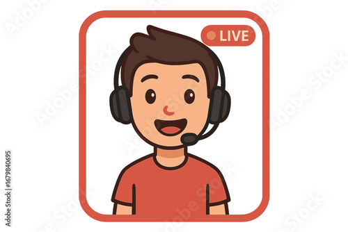 Social media live stream frame with user avatar. Man with headset for gaming, podcasting or vlogging. Online broadcast or video conference icon. Cartoon character vector.