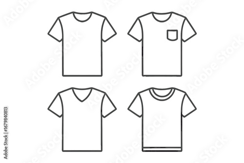 T-shirt icon collection with thin editable stroke, cartoon vector illustration, transparent background, outlined fashion symbols for web, books, cards, apps, clothing design set ordered pack