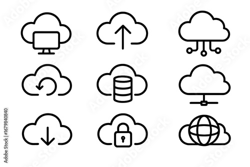 Cloud computing technology line icon set. Icons for cloud storage, network, server, database, security, data transfer, backup and restore. Vector outline symbol collection.