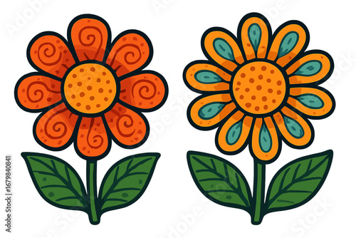 Set of two retro groovy flowers in 70s hippie style. Abstract floral illustration with vintage patterns. Cartoon doodle design element for sticker, print or decoration.