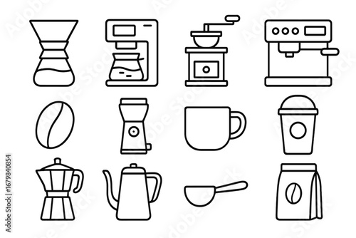 Coffee equipment line icon set. Barista tool collection. Brewer, grinder, cup, moka pot, espresso machine, pour over. Vector illustration for cafe menu, coffee shop sign.