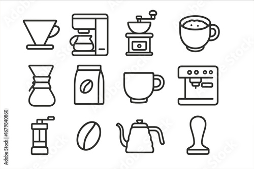 Coffee brewing methods vector icon set. Outline icons for coffee shop and barista tools. Includes espresso machine, grinder, pour over, Chemex, kettle, tamper and beans.
