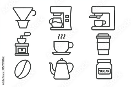 Coffee making line icon set. Vector collection of coffee shop equipment symbols. Brewer, grinder, espresso machine, cup, and accessories. Simple barista pictogram collection.