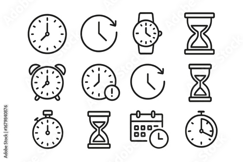 Time management and scheduling concept linear icons collection. Clock, stopwatch, alarm, wristwatch, calendar, hourglass line symbols set for web, app, print, study, business, education, reminders