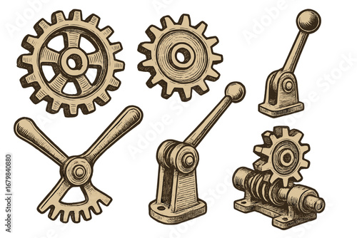 Set of detailed vintage mechanical gears, cogs, and levers. Hand-drawn retro steampunk machine parts. Industrial engineering concept with intricate cogwheels and mechanisms.