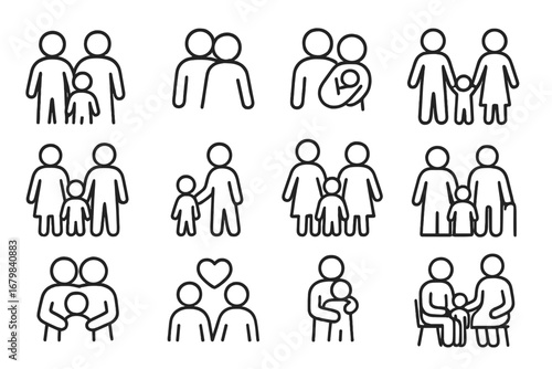 Family line icon set. People, parents, child, and couple pictograms. Vector symbols for relationships, love, care. Includes traditional, same-sex, single parent families.